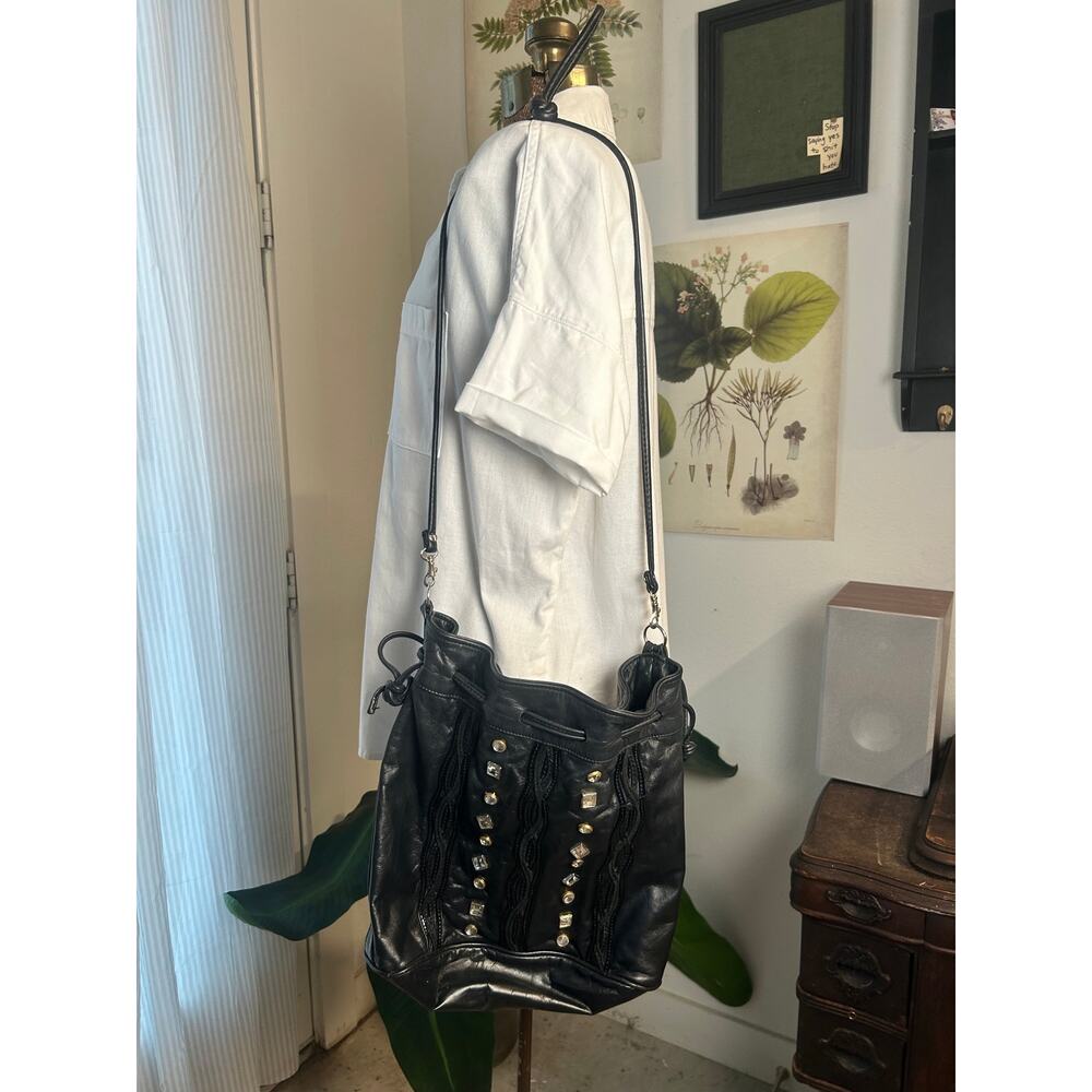 Black Leather Studded Bucket Bag Drawstring Crossbody Boho Rocker Purse
